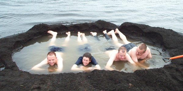 Me, Jane Nash, Stu McMillan and Rob Shortman taking a dip in a volcanic pool on Deception Island. The sea temperature was +1&deg;C but the water temperature in the pool we dug was around +30&deg;C - very pleasant!