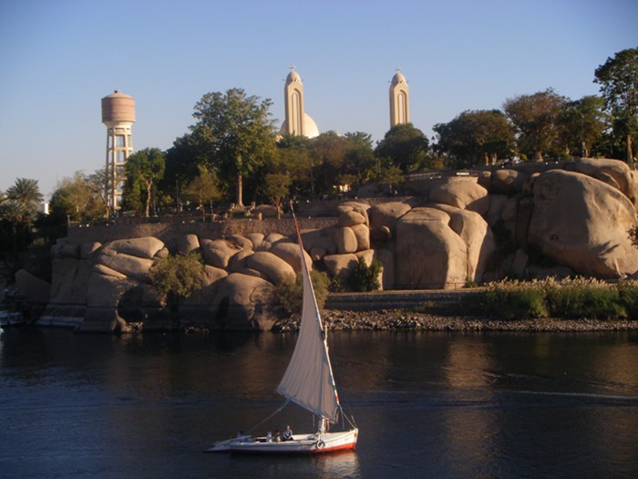 A felucca seen from Elephantine Island in the middle of the Nile in Aswan.