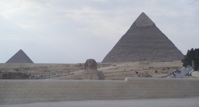 The Sphinx and the pyramids at Giza, Cairo.