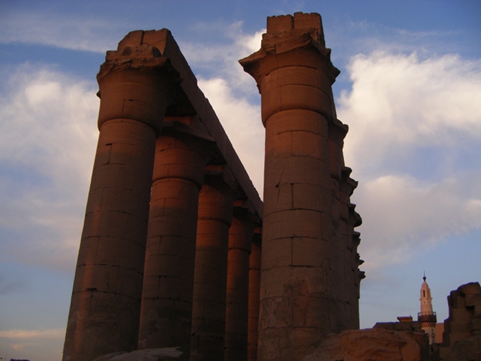 Pretty colours on columns at Luxor Temple at sunset.