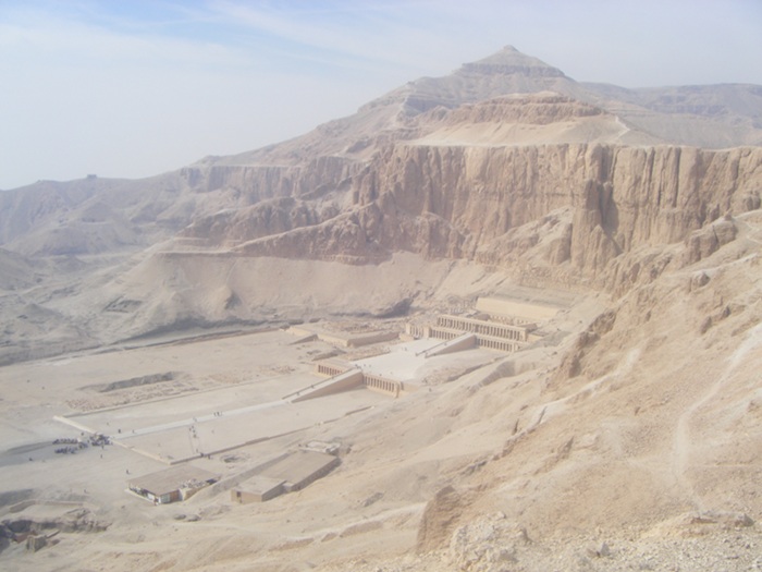 The Temple of Hatshepsut at Deir al-Bahri seen from the top of the hill as we walked over from the Valley of the Kings.