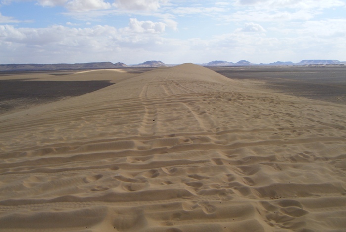 A sand dune slowly making its way across the black desert. It was loads of fun running down it.