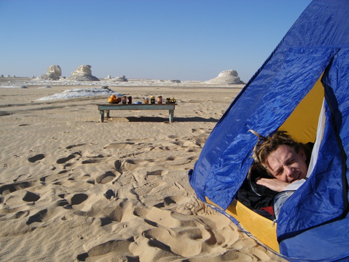 Waking up in the White Desert to a ready made breakfast. The camel hair blankets were amazing and kept me roasty-toasty warm.