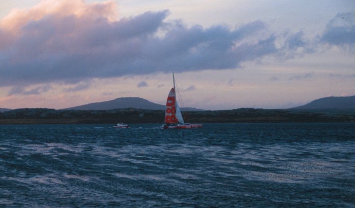 Ellen MacArthur's trimaran B & Q in Stanley Harbour, Falkland Islands.