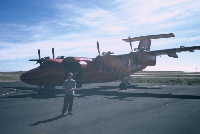 Me about to board the Dash-7 to Rothera from Stanley airport on the Falkland Islands. I've got a top hair-do after two months on the ship!