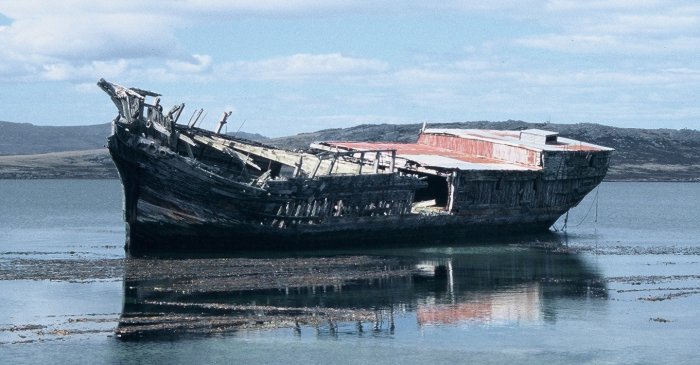 The wreck of a sailing ship in Stanley, Falkland Islands.
