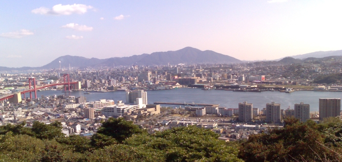 Tobata, the part of Kitakyushu City that KIT's in, seen from across the harbour in Takatoyama Park in Wakamatsu. I live just in front of the small hill that's underneath the sky-line on the right of the photo. 
