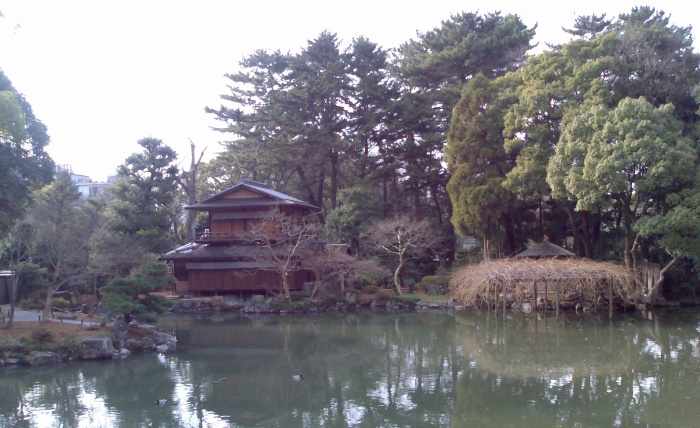 A traditional tea house in a garden  in the Imperial Palace grounds.