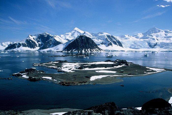 The northern half of Lagoon seen from the top of the peak on the southern half. Leonie Island and Adelaide Island are in the background.