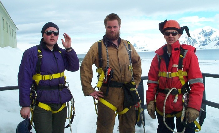 Adam, Rich and Jon (the 2003 Rothera met team) about to climb a mast to attach an antenna.