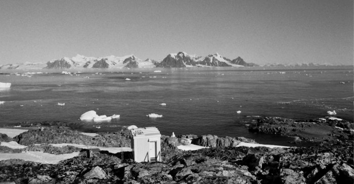 Looking west from Rothera Point, over the GATF hut to the Antarctic Peninsula.