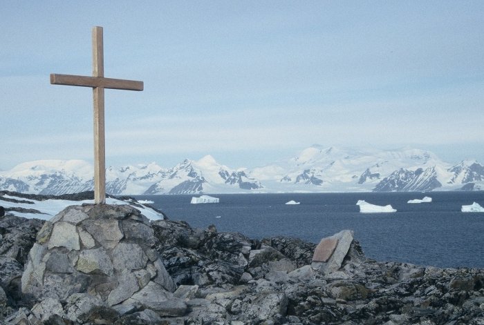 The cross on top of the Point in memory of the several people who have died while working out of Rothera.