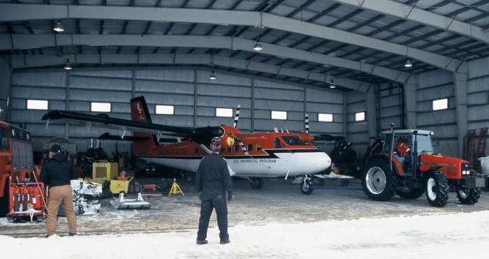 The first aircraft in the hangar during the evacuation-flight preparations.