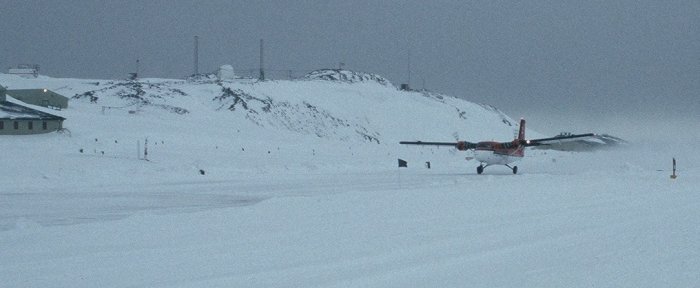 A Canadian Twin Otter landing at Rothera in September to evacuate an ill winterer from the American South Pole base.