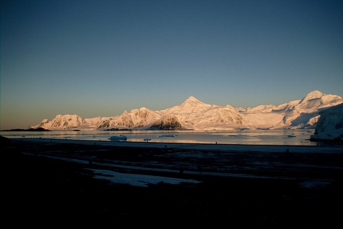 Ryder Bay seen from the front door of Rothera Base early in the morning in autumn.