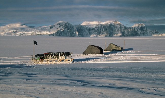 Our skidoos parked up for the night above Carvajal.
