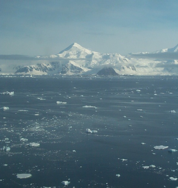 Brash ice and low cloud in Ryder Bay, Rothera.