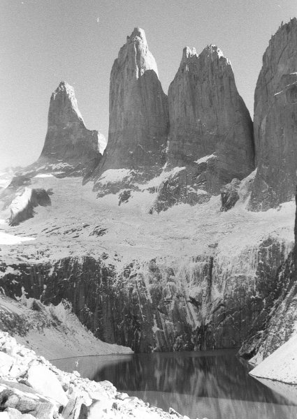 The towers in Torres del Paine National Park, Chile, seen from the lake at their foot, above Los Torres (?) campsite and refuge. There was lots of snow up at this height and I was slipping and sliding on my way up without crampons. There were a couple of Japanese buisiness men in suits up there too who had walked up during the break in their conference at the refuge.