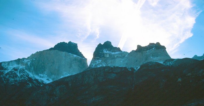 The towers in Torres del Paine National Park, Chile, seen from the lake at their foot, above Los Torres (?) campsite and refuge. There was lots of snow up at this height and I was slipping and sliding on my way up without crampons. There were a couple of Japanese buisiness men in suits up there too who had walked up during the break in their conference at the refuge.