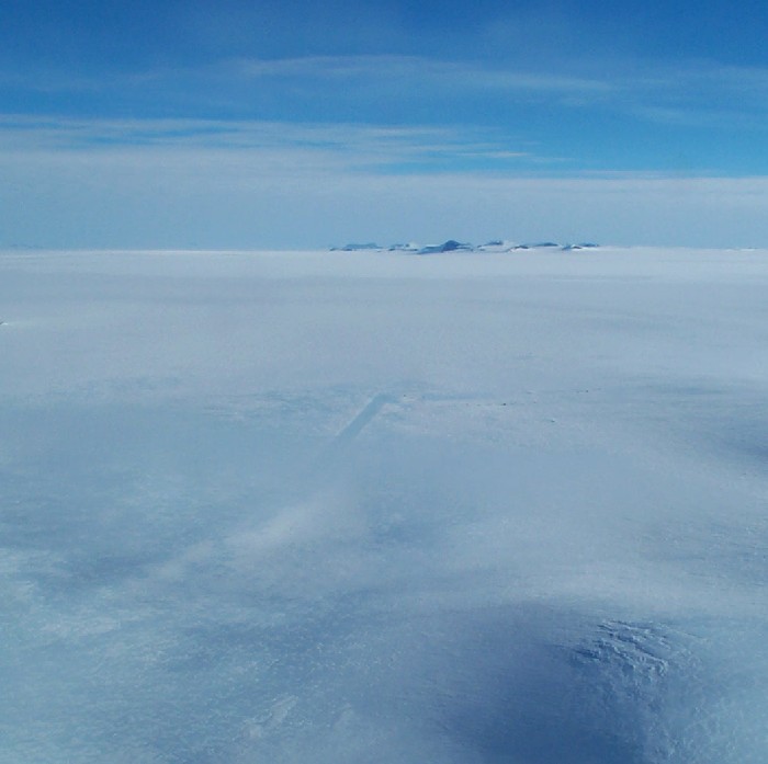 Sky Blu blue-ice runway and camp taken from Mount Lanzarote.