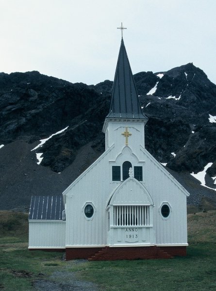 The restored whalers' church in Grytviken, South Georgia.