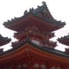 One of the many impressive buildings at the Heian-jingu shrine. This is only a two-thirds size replica of the original. Many people were visiting as part of their New Year celebrations.