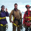 Adam, Rich and Jon (the 2003 Rothera met team) about to climb a mast to attach an antenna.
