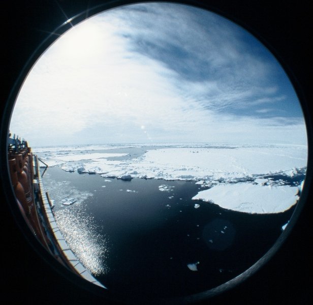 A wide angle view from the stern of the Ernest Shackleton of where we spent Christmas and New Year 2001 stopped in ice in the Weddell Sea.