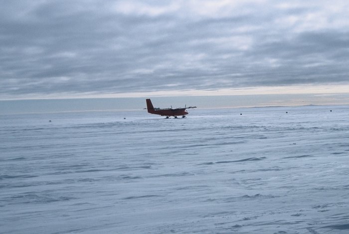 It's too late to back out now - the last Twin Otter taxiing out to the skiway. It's March and the next one's not due until late November.